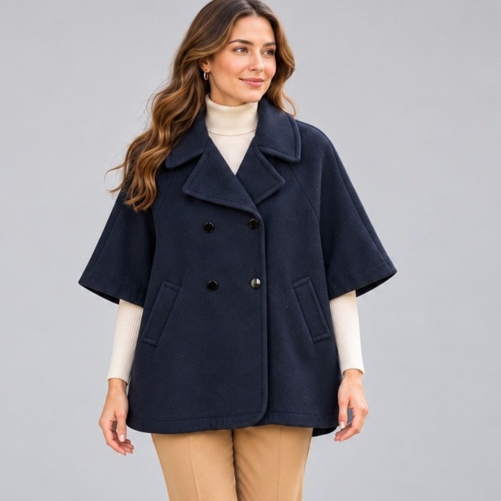 Ann Taylor LOFT Navy Blue Wool Blend Double Breasted Short Sleeve Cape Coat XS